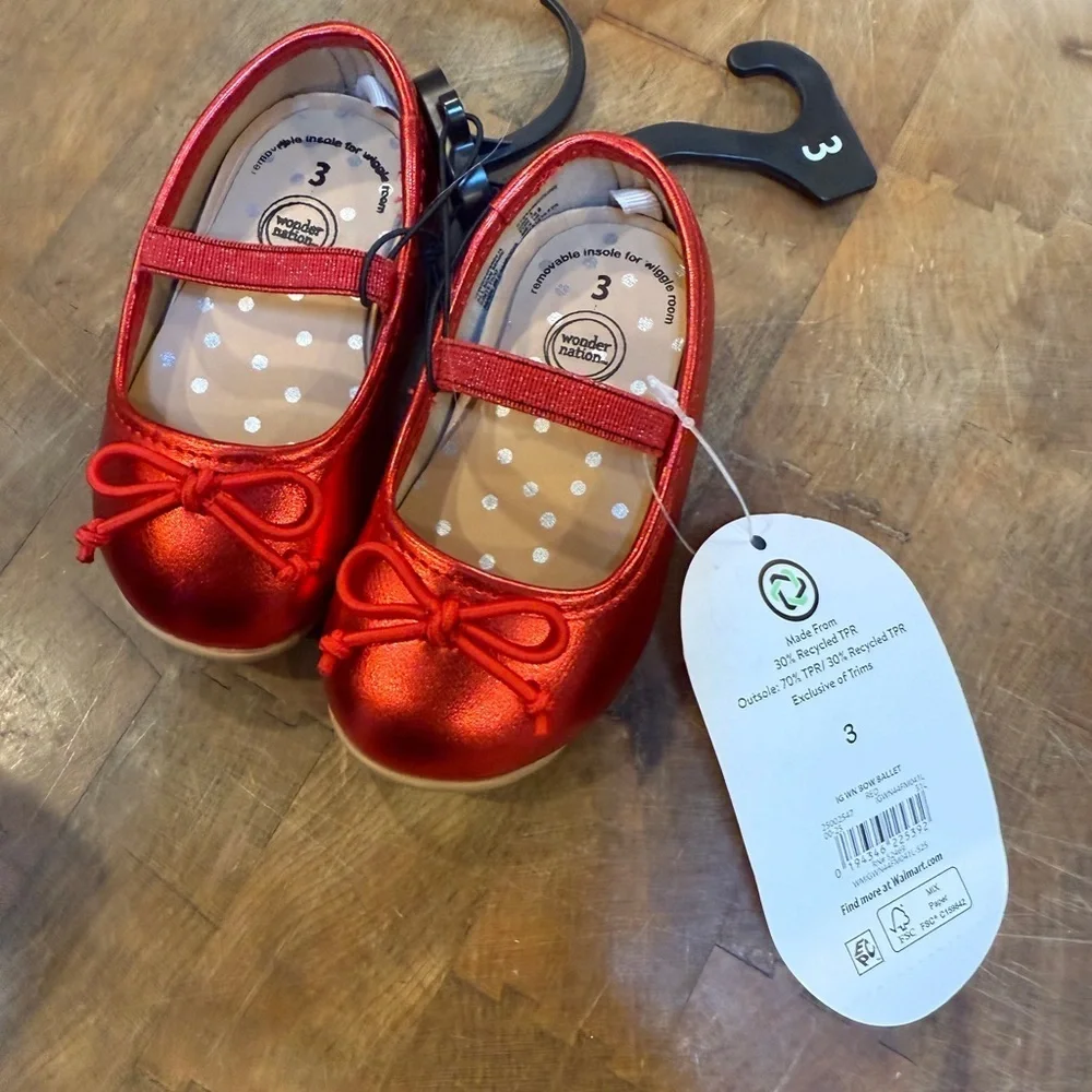wonder nation Red Metallic Mary Jane Ballet Flats with Bow Toddler Sz 3 New